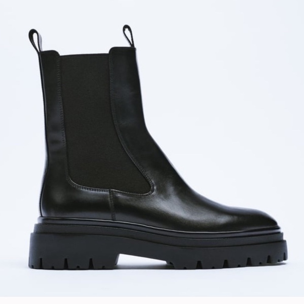 Zara Leather Lug Chunky Heel Black Boots Size 40